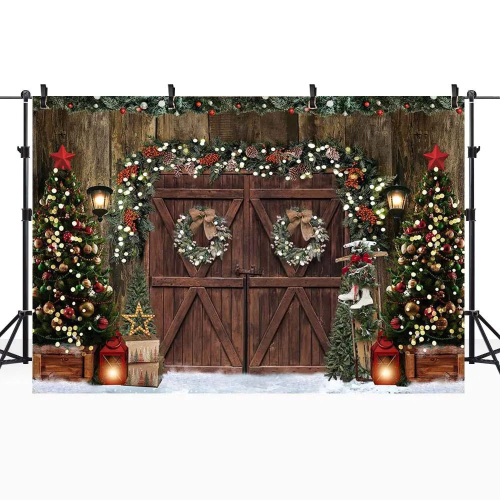 Mocsicka Drewniane Drzwi Śnieg Pole Choinka Wieniec Zdjęcie Tło Zimowe Dziecko Portret Fotografia Tło Studio Photocall
