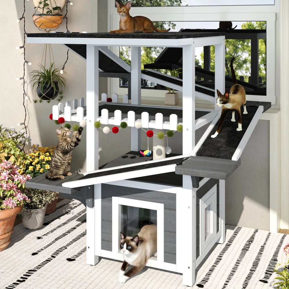 

4 Tiers Outdoor Weatherproof Cat House:2-Door,Feral Shelter,Play Zones&Balcony,Grey+White