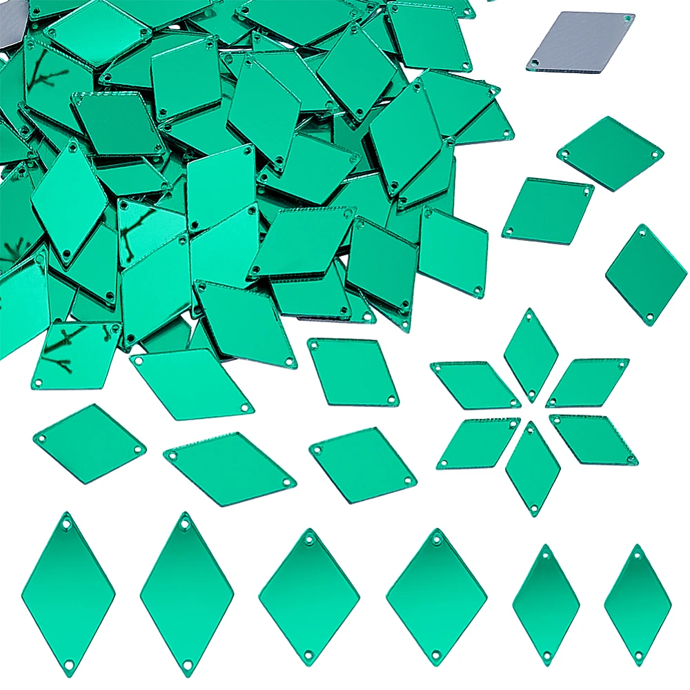 300pcs Green Sew on Mirrors 18/20/24mm Acrylic Mirror Rhombus Mirrors DIY Mirrored Rhinestones 2 Hole Mirror Piece Loose Bead