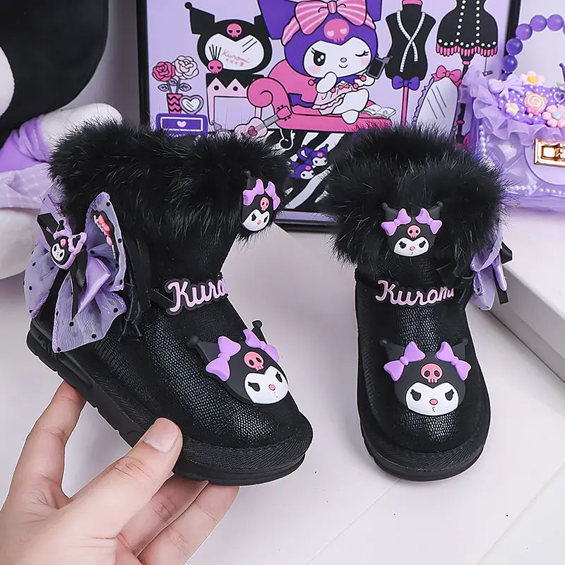 Sanrio Kuromi Girl Snow Boots Anime Cute Children Black Mid-calf Plus Velvet Rabbit Fur Cotton Boots Winter Waterproof Loafers