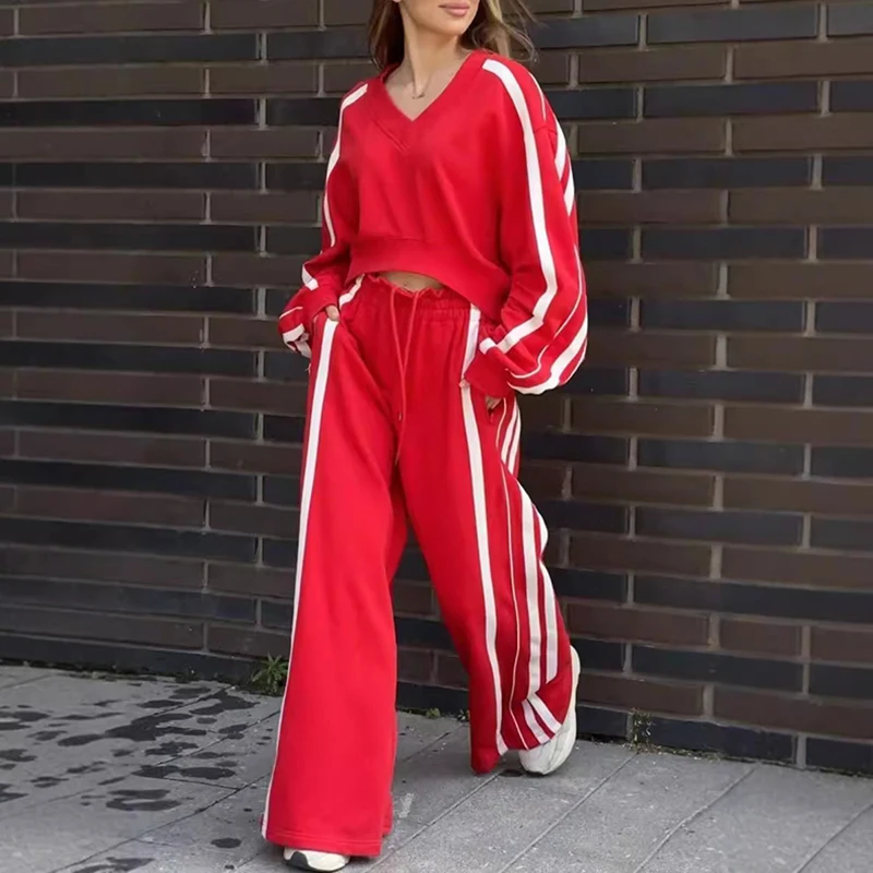 Casual Sportswear Y2K Two Piece Set Women V Neck Sweatshirt Pullover Loose Sweatpants Outfit New Fall Winter Striped Print Suits