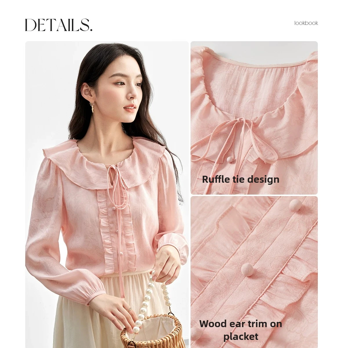 SENTUBILA 여성용 러플 프린트 셔츠 2025 가을 신상 타이 디테일 라운드 넥 블라우스 솔리드 출퇴근 퍼프 슬리브 의류 151C57894