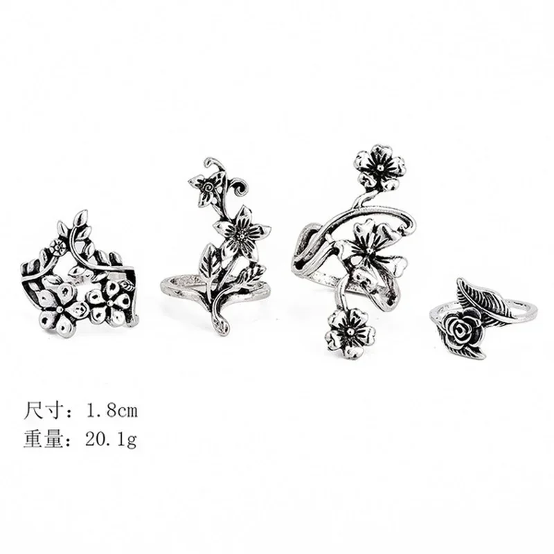 4 Pcs Women Decor Gifts Popular Retro Personalized Engraving Rose Flower A Minimalist Model Leaf Ring Hollow Flower Vine