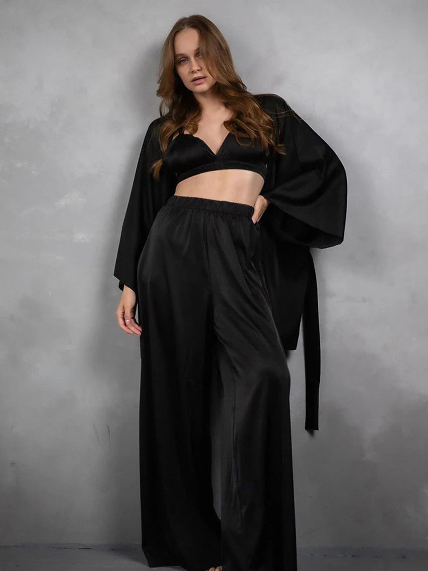 

Marthaqiqi Long Sleeve Women Nightwear 3 Piece Set Sexy Lingerie Long Sleeve Pajamas V-Neck Lace Up Sleepwear Pants Nightie Suit