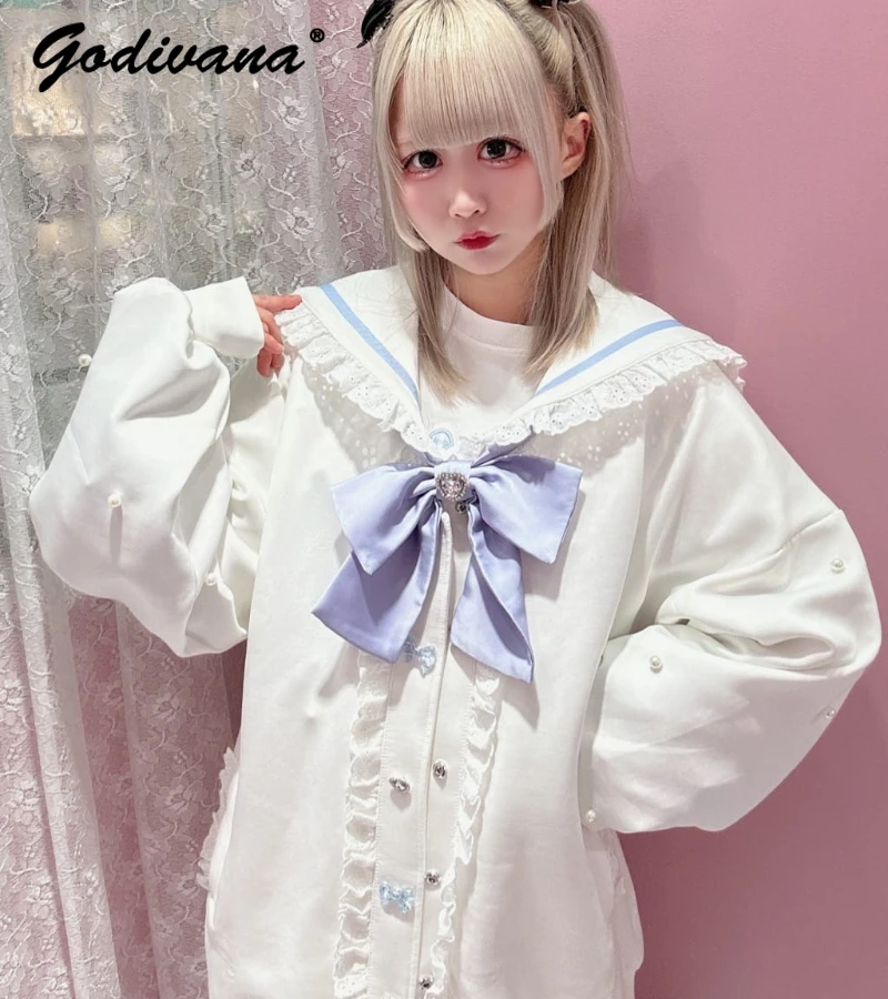 Japanese Style Sweet and Cute Sailor Collar Big Bow Tie Long Sleeve Mid-Length Sweatshirt Girl Womens Loose Cardigan Hoodie Coat