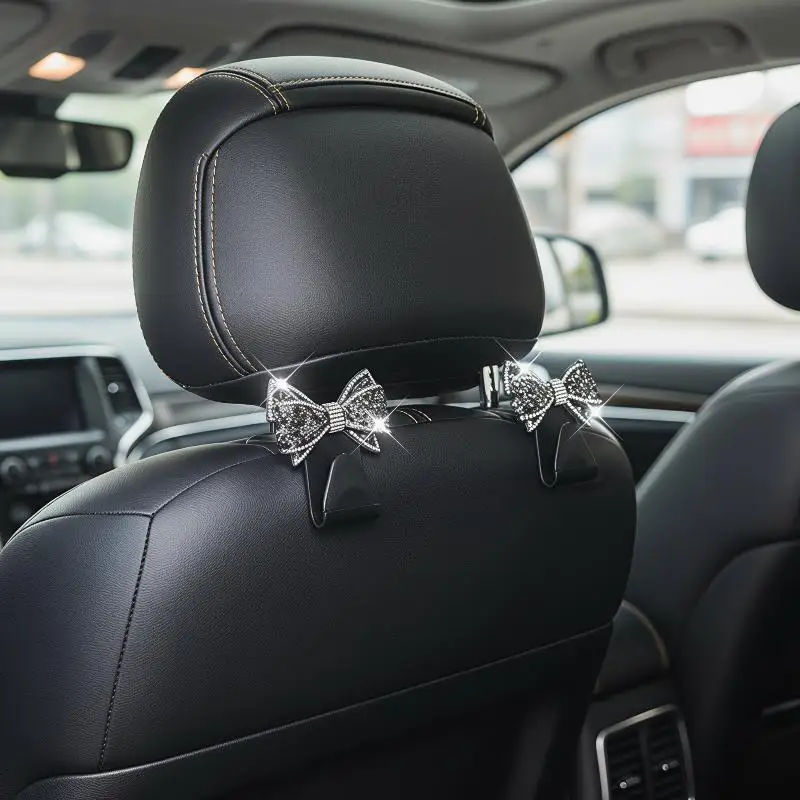 Car Headrest Hooks With Sparkly Rhinestone Bow Decor And Sturdy Load Bearing Perfect For Hanging Bags Groceries Inside Cars