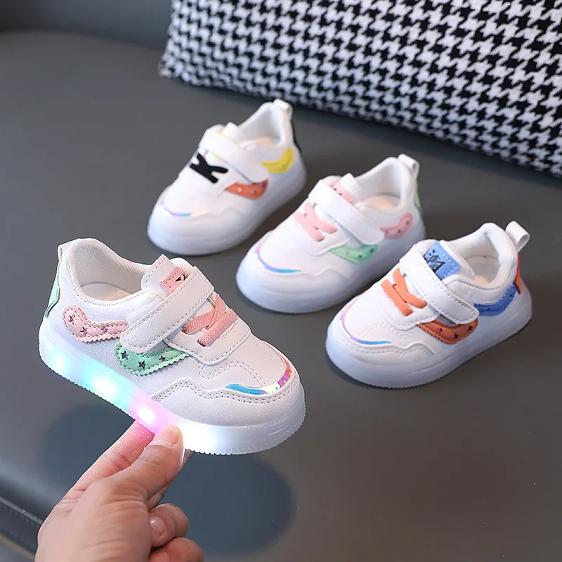 Kids'Casual Shoes Led Light Solid Color PU Leather Fashion Spring Flat Shoes For Children Anti-slip Black Pink Shoes Size 21-30
