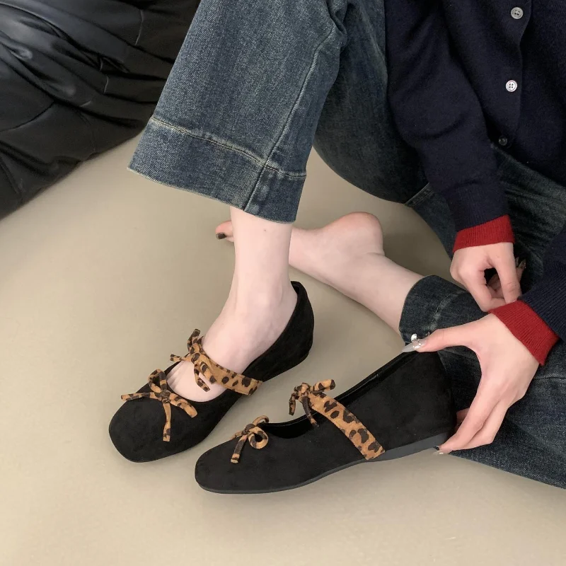 2025 Elegant Leopard Print Women Mary Jane Shoes Round Toe Bow-knot Comfort Internal Elevation Shoes Female Spring Soft Shoes