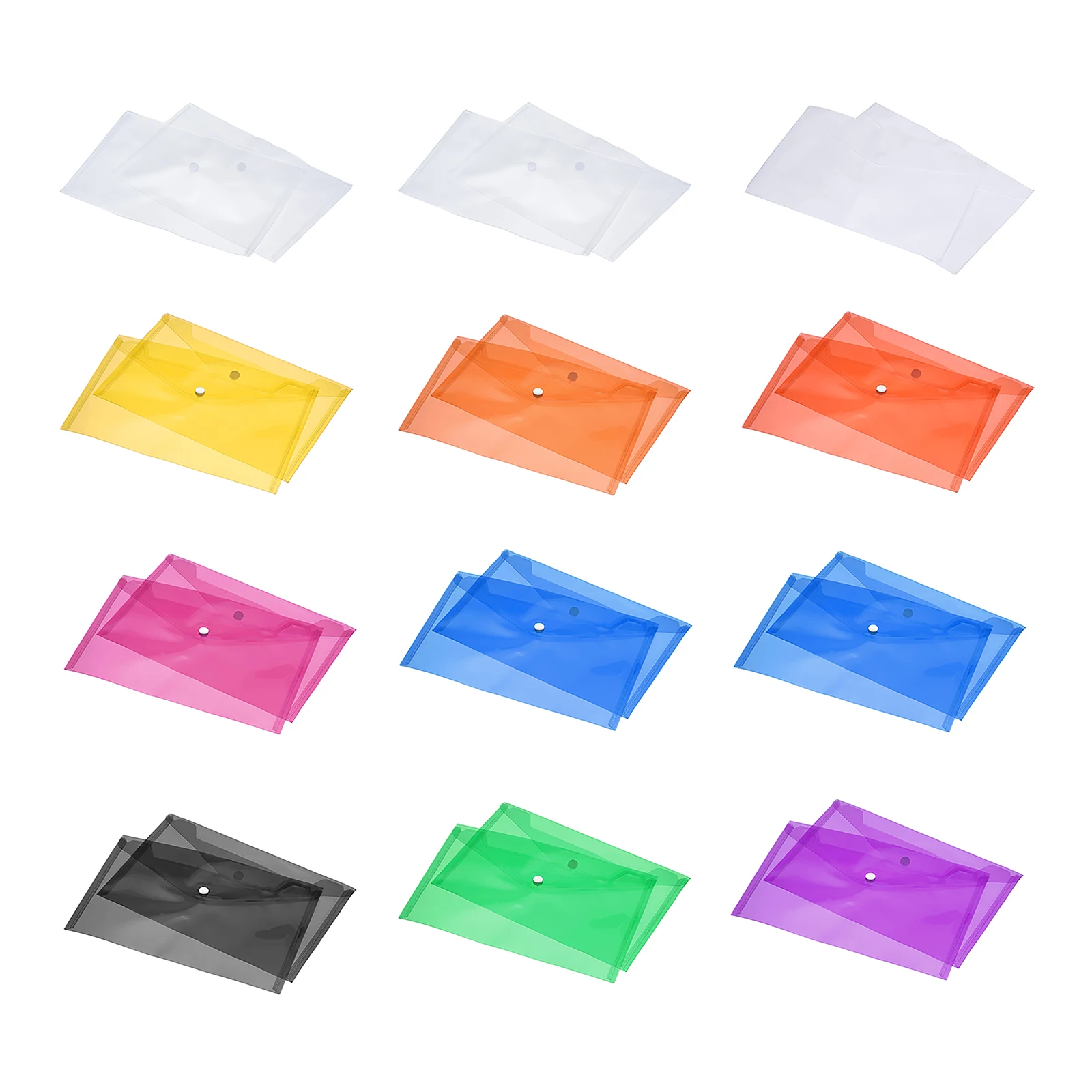 

12Pcs A4 Size Plastic File Folders Clear Envelopes Document Organizer with Snap Button PP File Bags for Home Office Stationery