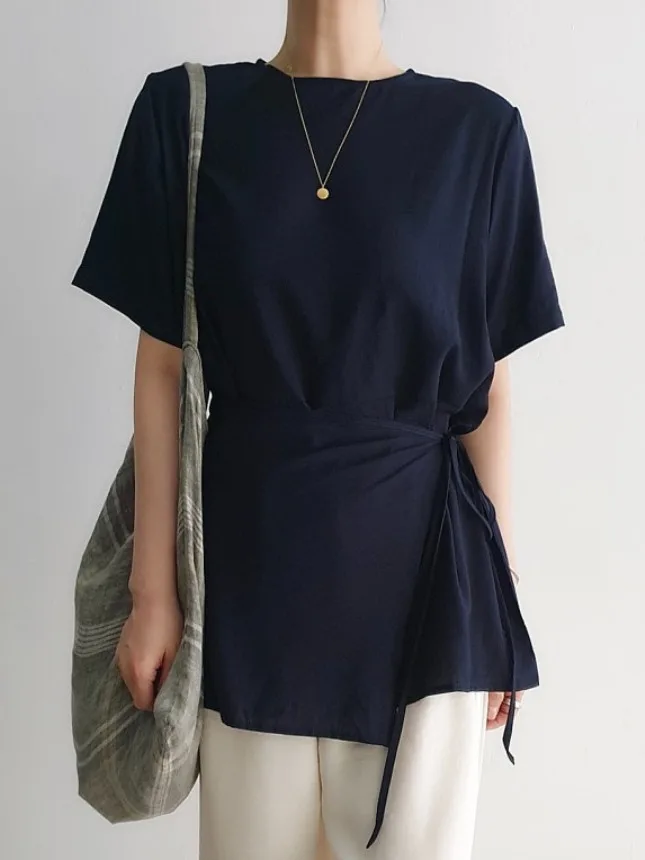 

Ele Side-Tie Waist-Cinching irt for Women Summer New Sle Vintage Feel Versatile Top Design Sensation Fake Two-Piece