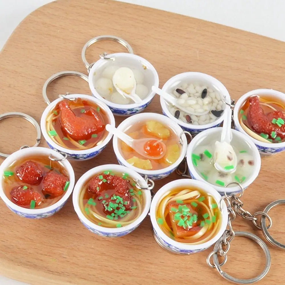 New 10 Styles Simulation Bowl Food Key Ring PVC Key Chain Pendant Blue White Porcelain Play House Food