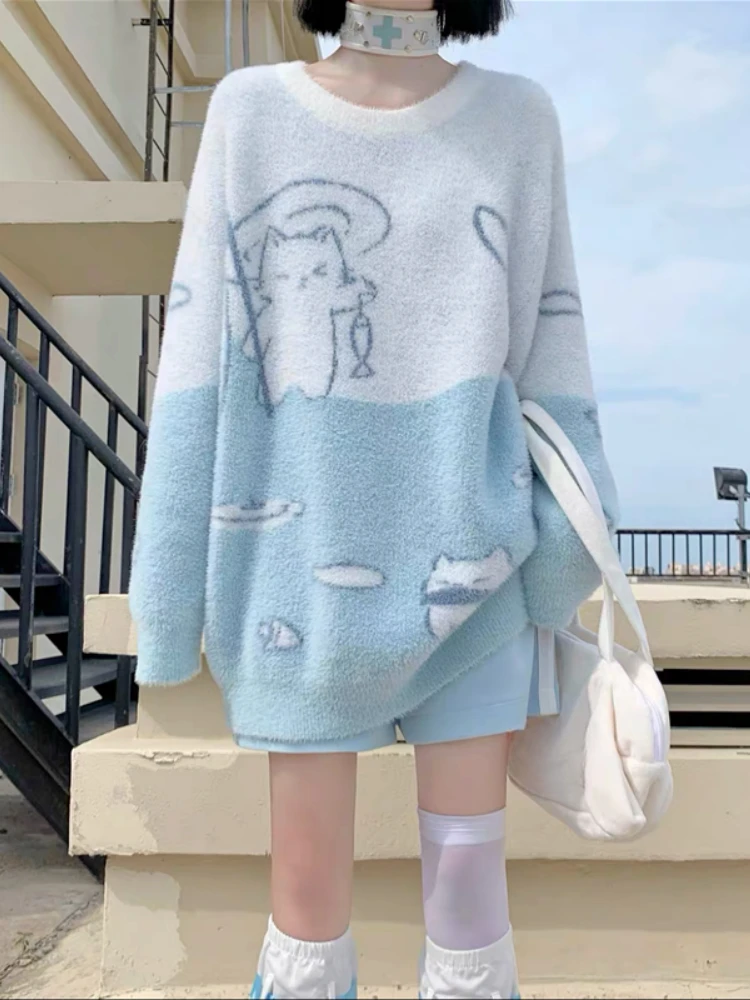 Sweet Y2k Aesthetic Grunge Cat Jacquard Sweaters Kawaii Casual Contrast Color Jumpers 2024 Japanese Knitted Women Pullovers