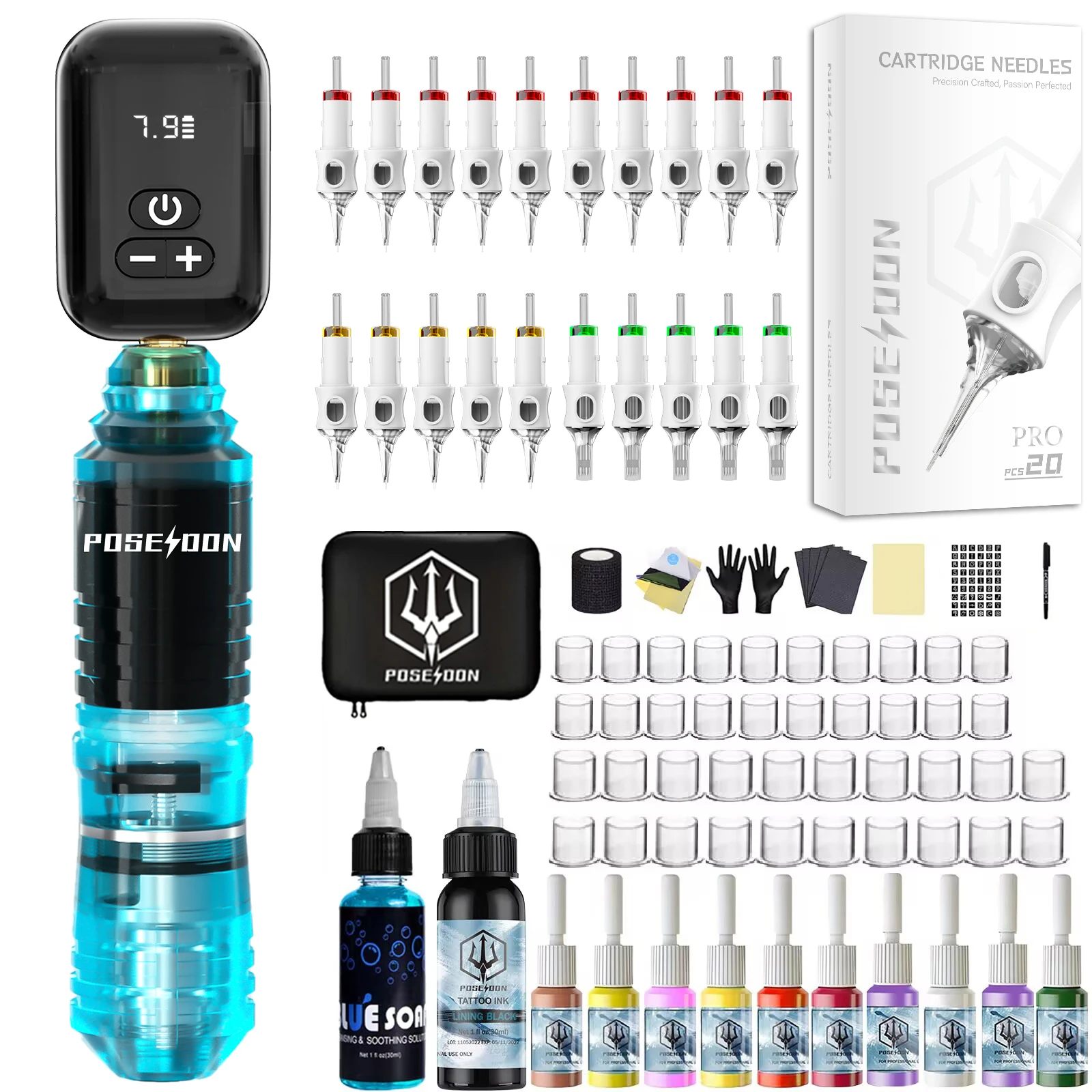 

POSEIDON Tattoo Kit 20 V6 Tattoo Needles Tattoo Pen Kit For Permanent Makeup Tattoo Machine Kit Blue Wireless Tattoo Gun Kit