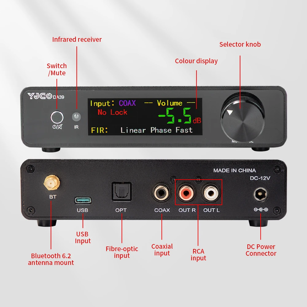 YJCO DA39 High-End DAC Decoder ES9039Q2M HiFi Bluetooth 6.2LDAC USB Coaxial Optical for Home Audio HiFi Audio Receiver