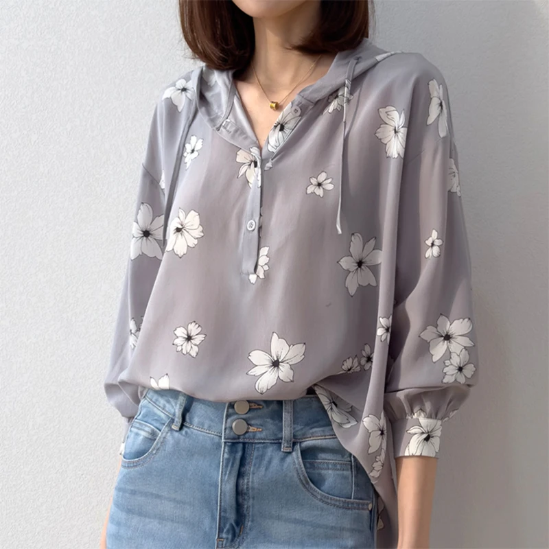 Women Blouse 100% Mulberry Silk Hoodie Neck Gray Floral Printed Long Sleeve Pullover Shirt Top Plus Size M1071