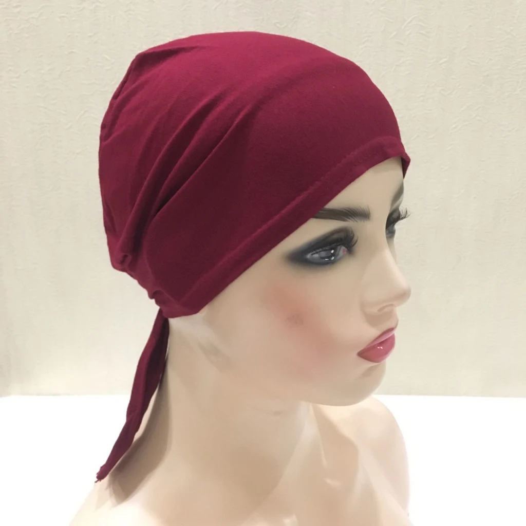 H048 Plain Cotton tie back hats Muslim Turban Pure Color Stretch Inner Hijabs underscarf Women Head Scarf Under Hijab Bonnet