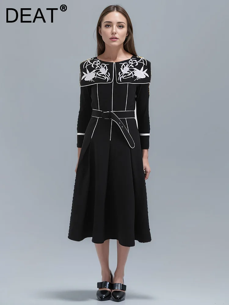 

DEAT Fashion Women's Elegant Dress Embroidery Sailor Collar High Waist Long Sleeve Line Sashes Mid-calf Dresses Summer 2024 New