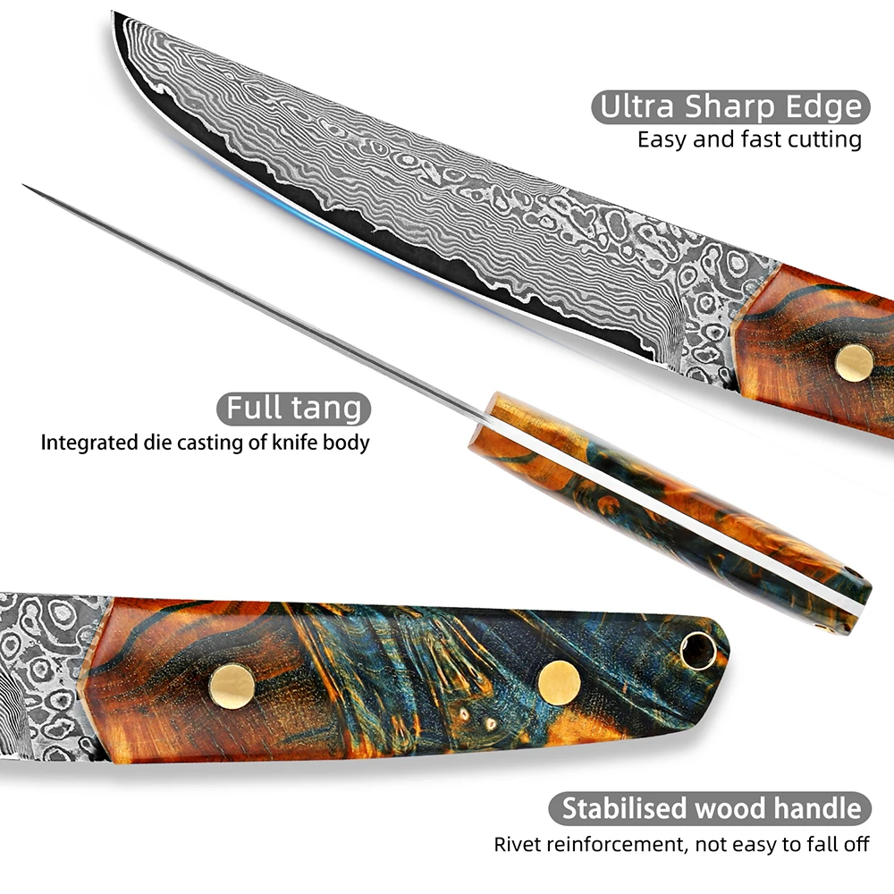 Handmade Damascus Kitchen Utility knife Hunting Knife for Chopping Meats Fixed Blade Bushcraft Knife with Stabilised wood Handle