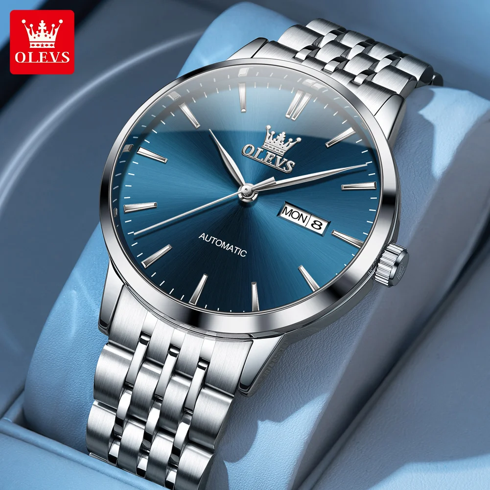 OLEVS 7048 Original Watch For Men Silvery Stainless steel Solid Strap Date Week Deep Waterproof Mechanical Men Watches Business