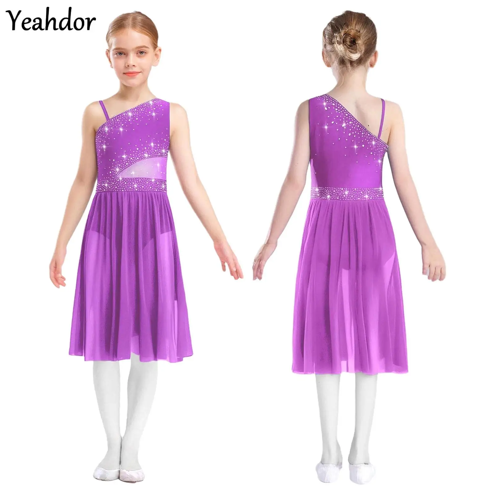 

Girls Rhinestones Lyrical Dance Dress One Shoulder Sleeveless Sheer Mesh Figure Skating Gymnastics Ballet Performance Costume