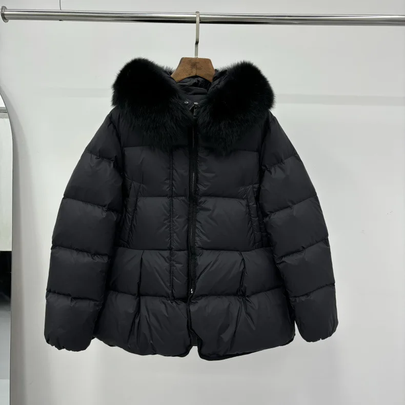 Schinteon Women 100% Real Fox Fur Collar White Duck Down Jacket with Hood Autumn Winter Warm Casual A-lined Warm Outwear Cape