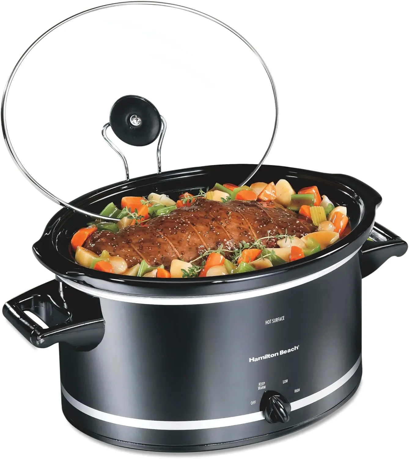 

Slow Cooker with 3 Cooking Settings, Dishwasher-Safe Stoneware Crock & Glass, 8-Quart Built-In Lid Rest, Black