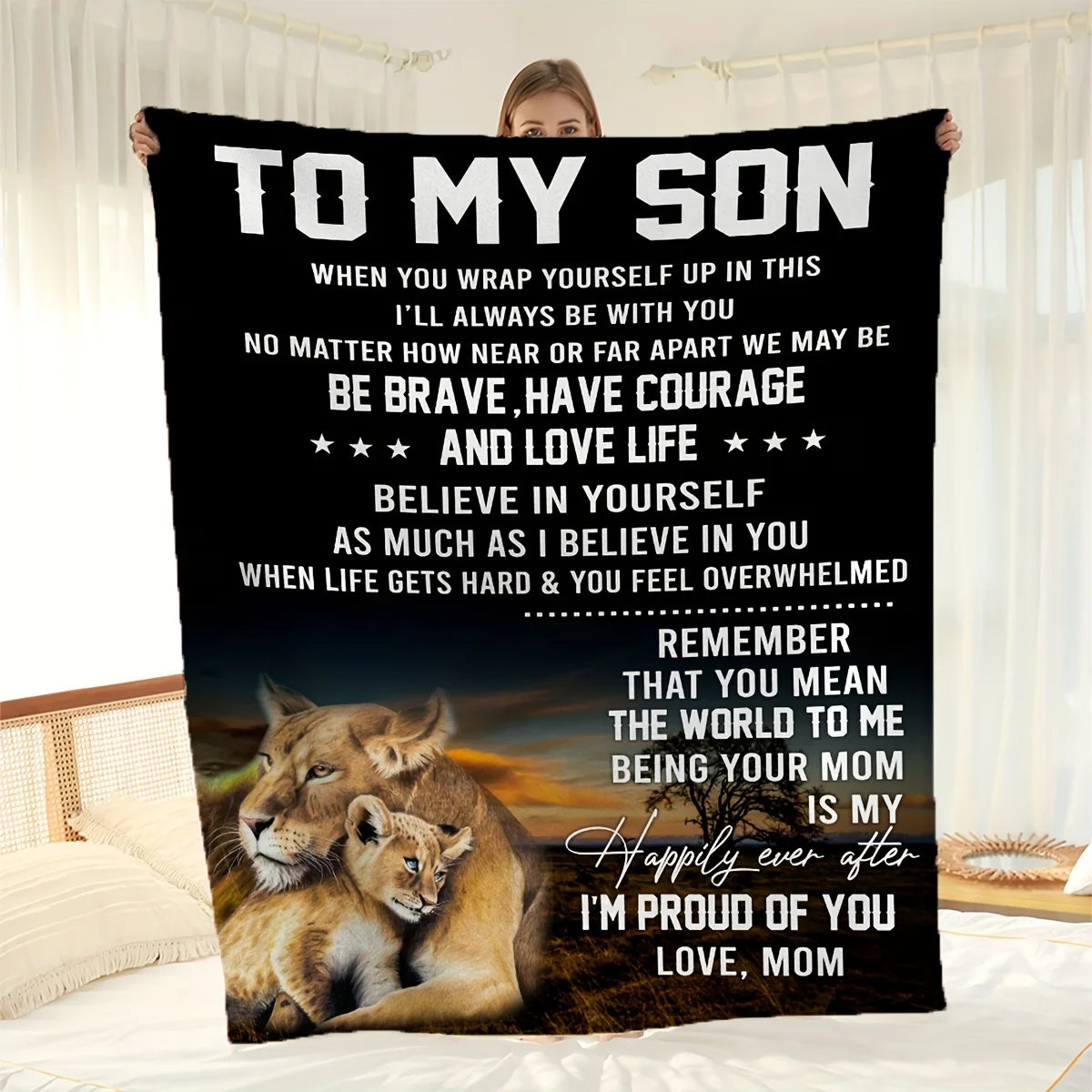 Emotional Lion Print Fleece Blanket for Son - Mom's Inspiring Message Gift, Soft Warm Throw for Bedroom, Couch, Travel,