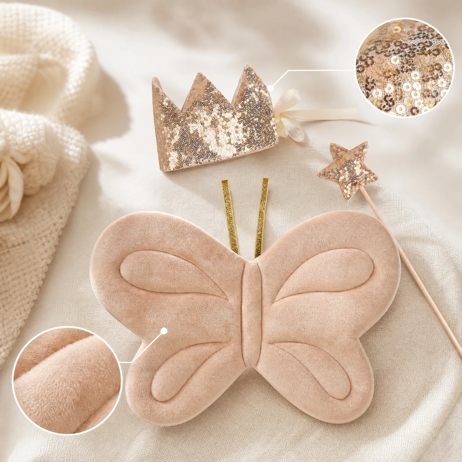 Padded Butterfly Wings Costume Set Sequined Kids Dress-up Accessory Kit with Adjustable Crown Fairy Star Wand Soft for Toddlers