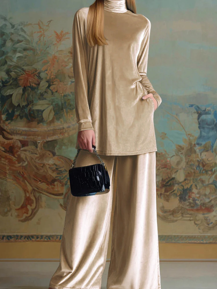 ชุดลำลองผ้ากำมะหยี่เนื้อนุ่ม สไตล์เรียบหรู คอทรงโอ แขนยาว เสื้อพูลโอเวอร์และกางเกงมีกระเป๋า ชุดเซ็ตสองชิ้นสำหรับผู้หญิง สีพื้น รุ่นใหม่ประจำฤดูใบไม้ร่วง