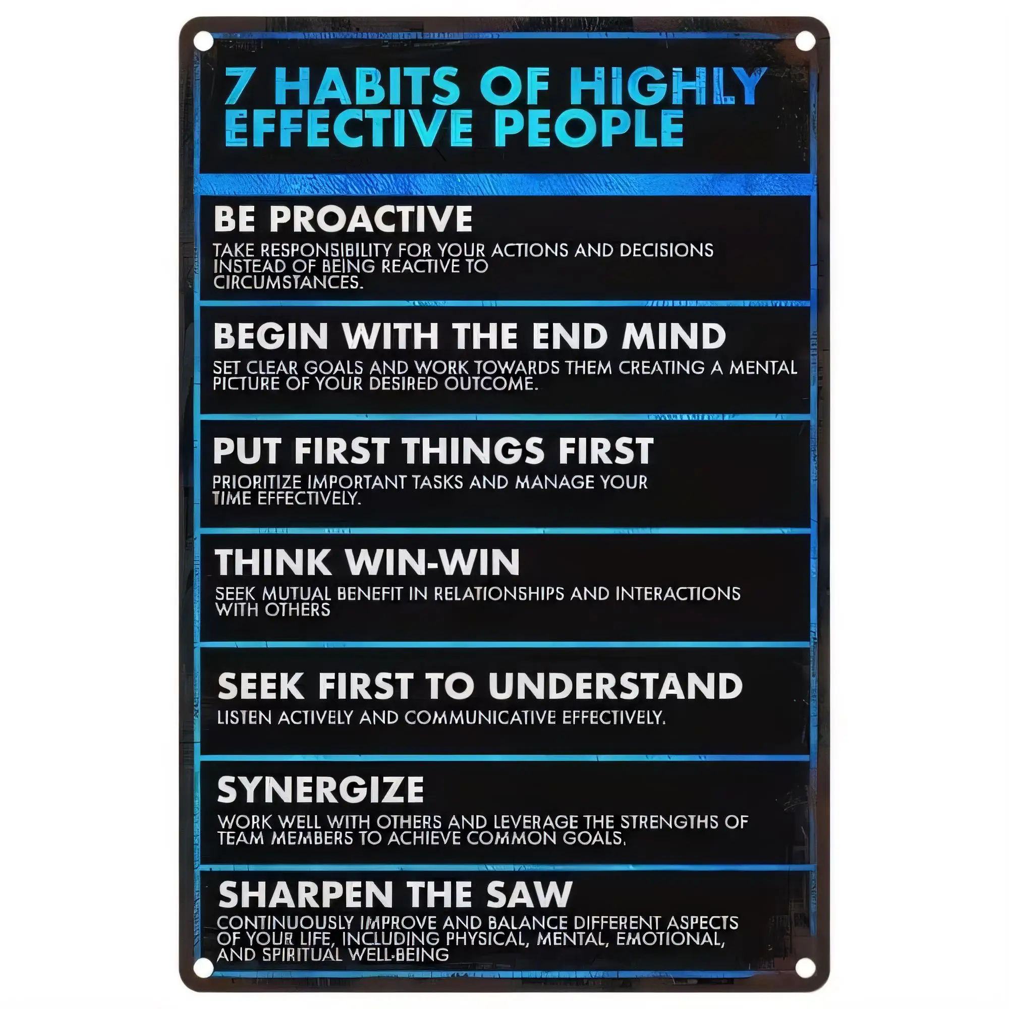 7 Habits of Highly Effective People Tin Sign for Wall Decor, Motivational Quotes Metal Plaque Inspirational Poster, Office Home