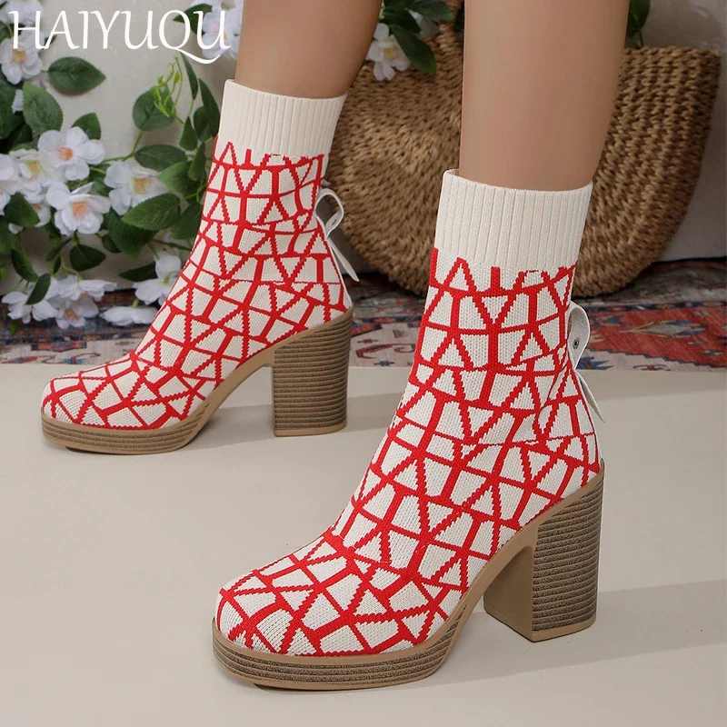 Women Knitting Sock Boots Elegant High Heels Shoes Woman 2025 Trend Fashion Winter Dress New Snow Pumps Ankle Boots Mujer Botas