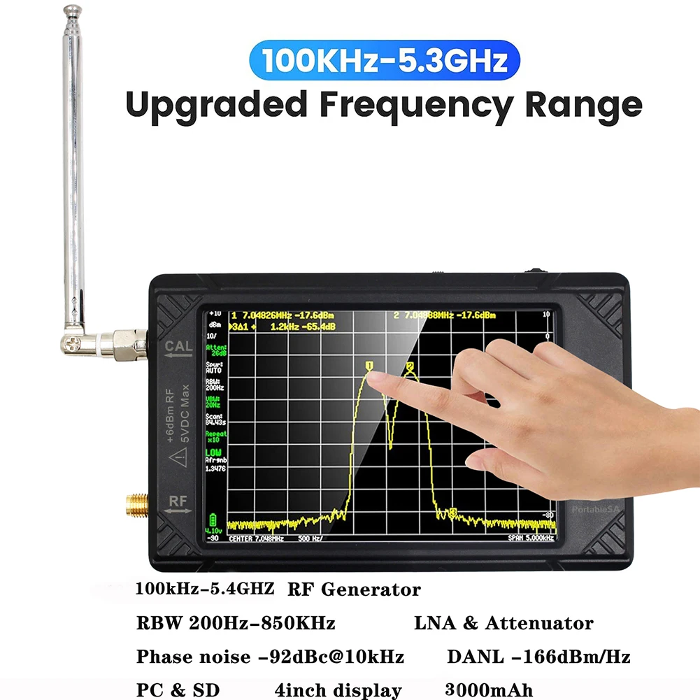 Handheld Tiny Spectrum Analyzer 100KHZ-5.3GHZ 4inch Display TinySA Spectrum Analyzer RF Generator 32GB Card with 3000mAh Battery