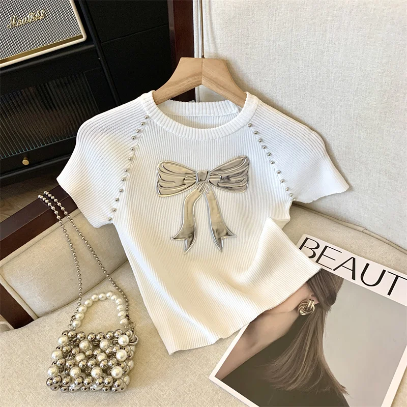 

Black Short Sleeve Women's T-shirt Summer Geometric beading Patchwork Sexy O-Neck Crop Top Casual Fashion Bow T Shirt Female