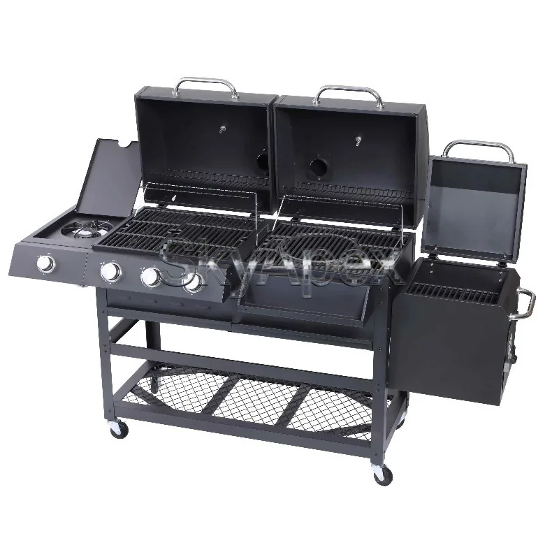 Dual Zone Gas Charcoal Combo Grill Outdoor BBQ Cooker With Side Burner Storage Rack For Backyard Patio Garden Party Cooking
