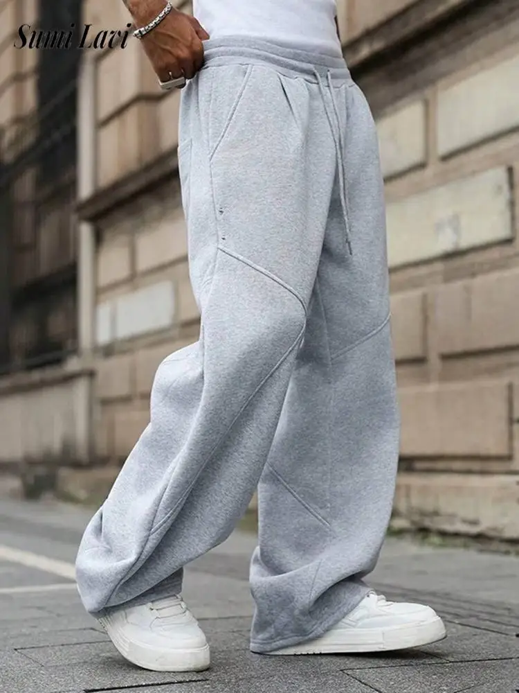 Fashionable Loose Solid Color Tie-up Sweatpants Mens 2026 Autumn Warm Streetwear Vintage Wide Leg Trousers For Male