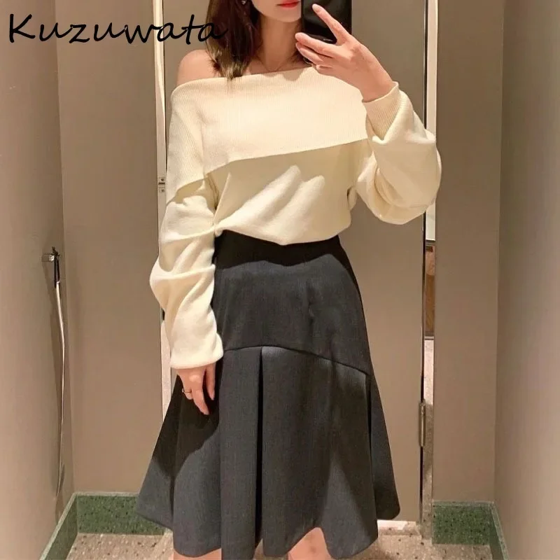 Kuzuwata Slash Neck Long Sleeve Sweet Jumper Fresh Elegant Simple Loose Woman Sweaters Japan Fashion Knit Temperament Pullovers