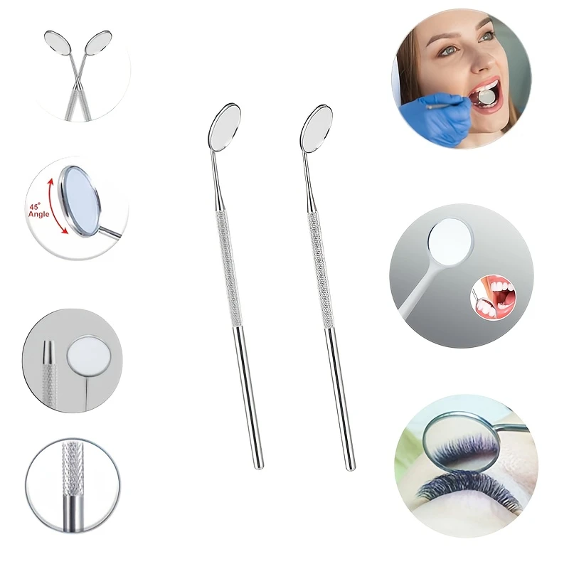 2Pcs Stainless Steel Dental Oral Mirror Eyelash Extension Teeth Whitening Cleaning Tool Makeup Tool Handle Mirror