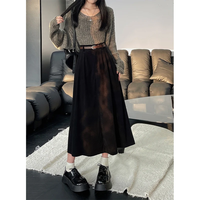 Vintage Belt Corduroy Midi Skirt Women High Waist Pleated A Line Skirts Autumn Winter Streetwear Korean Casual All Match Skirt