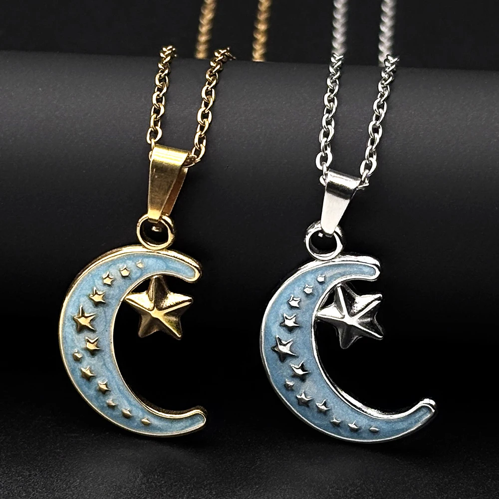 Blaue Emaille-Halskette mit Halbmond- und Stern-Anhänger für Damen, vergoldete Halskette mit himmlischem Mond- und Stern-Motiv, ästhetischer Schmuck, Geschenk