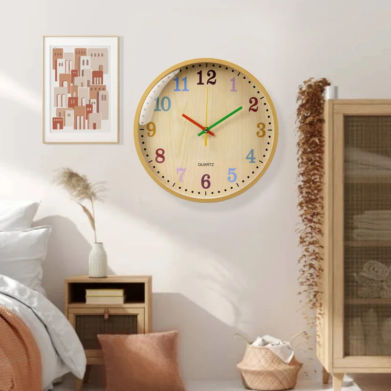 

12 Inch Fashion Silent Quartz Clock Color Digital Imitation Wood Wall Clock Living Room Study Kitchen Non Ticking Analog Clock