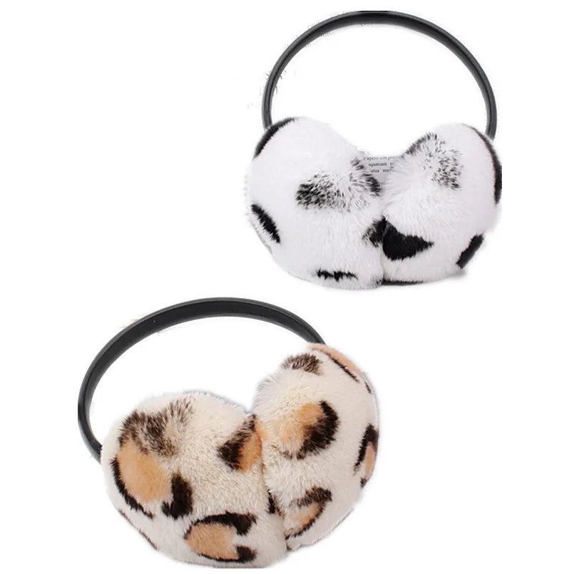 Leopard Print Real Rex Rabbit Fur Earmuffs With Velvet Band Fur Ball and Winter Women\'s Fashion Earmuffs Fuzzy Headband