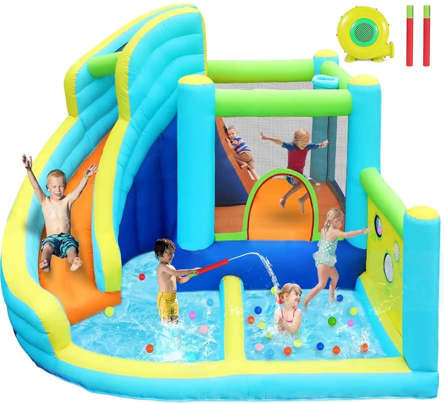 

Inflatable Bounce House, Water Slide Park Slide Bouncer with Ball Shooting, Climbing Wall, Jumping and Splash Pool, Kids