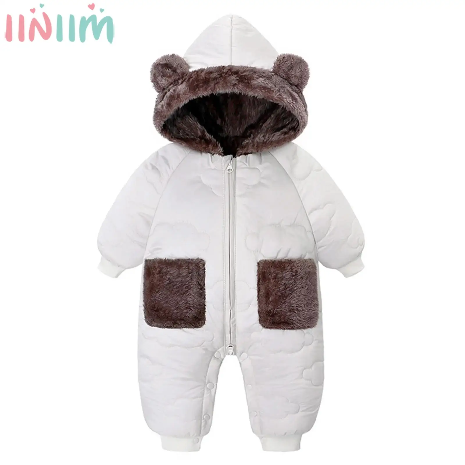 

Baby Boys Girls Winter Warm Snowsuit Fleece-Lined Hooded Rompers Long Sleeve Zipper Bear Ear Windproof Padded Jacket Skiwear