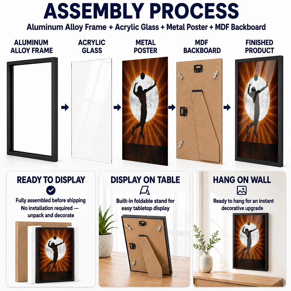 Volleyball Player Silhouette Framed Aluminum Metal Poster Customized Photo Energetic Graphic Style Wall Art For Gym And Office