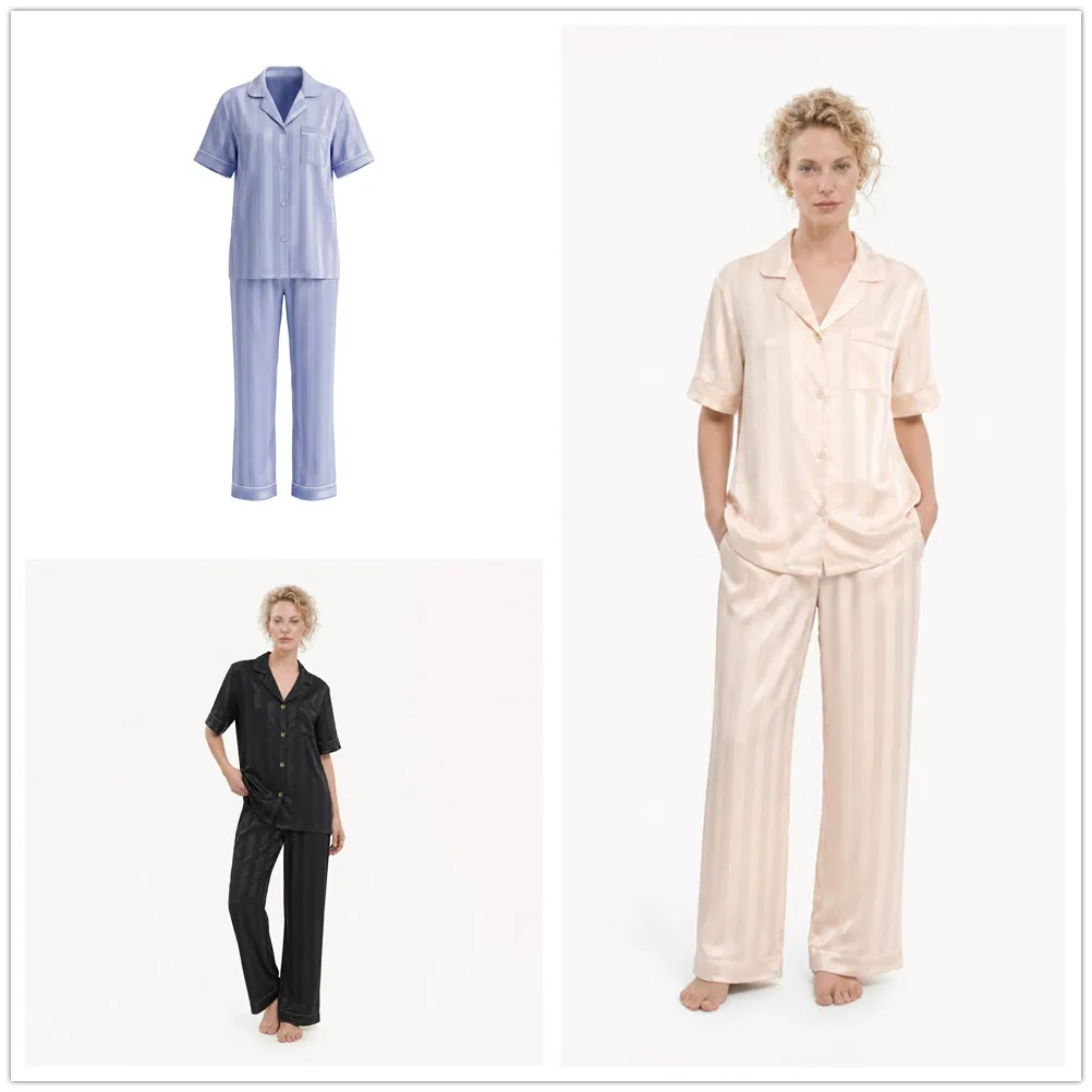 Female Short Sleeve Pants Pajamas Set Summer Striped Jacquard Satin Sleepwer Pijamas Suit Home Wear Loungewear