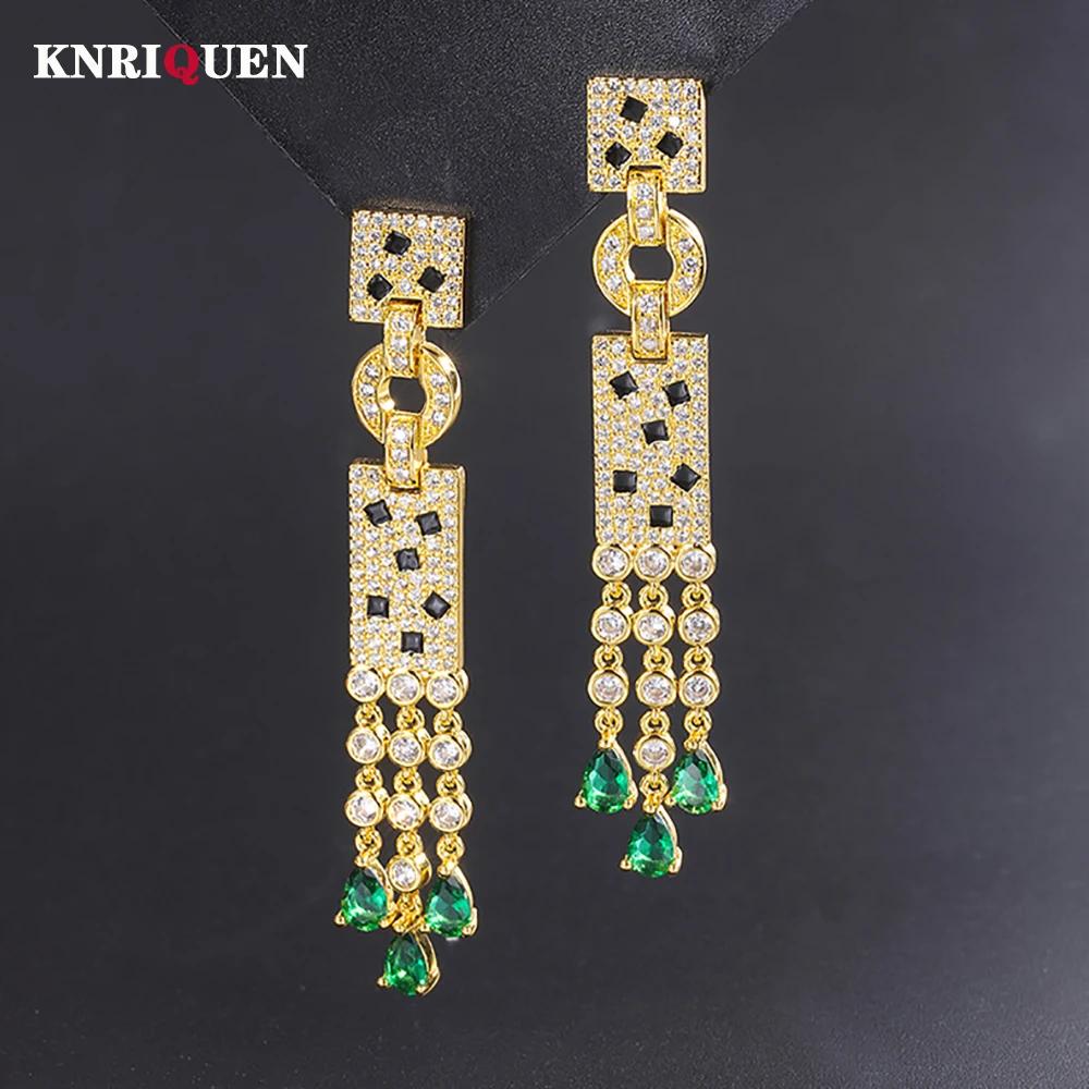 Retro 5*7mm Emerald Gold Silver Color Tassel Drop Earrings for Women Charms Lab Diamond 5A Zircon Cocktail Party Jewelry Gifts