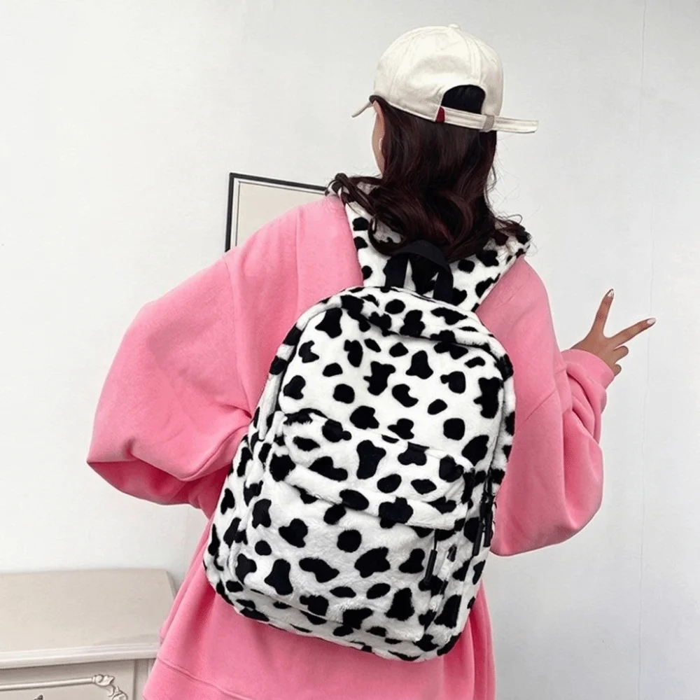Plush Leopard Print Backpack Harajuku Lightweight Students School Bag Adjustable Shoulder Straps College Style Students Daypack
