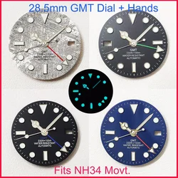 NH34 Wijzerplaat GMT Horloges Master 28.5mm Voor NH35 Serie Kalender Wijzerplaten Blauw BGW9 Lichtgevende Handen Meteoriet Horloge Onderdelen Accessoires