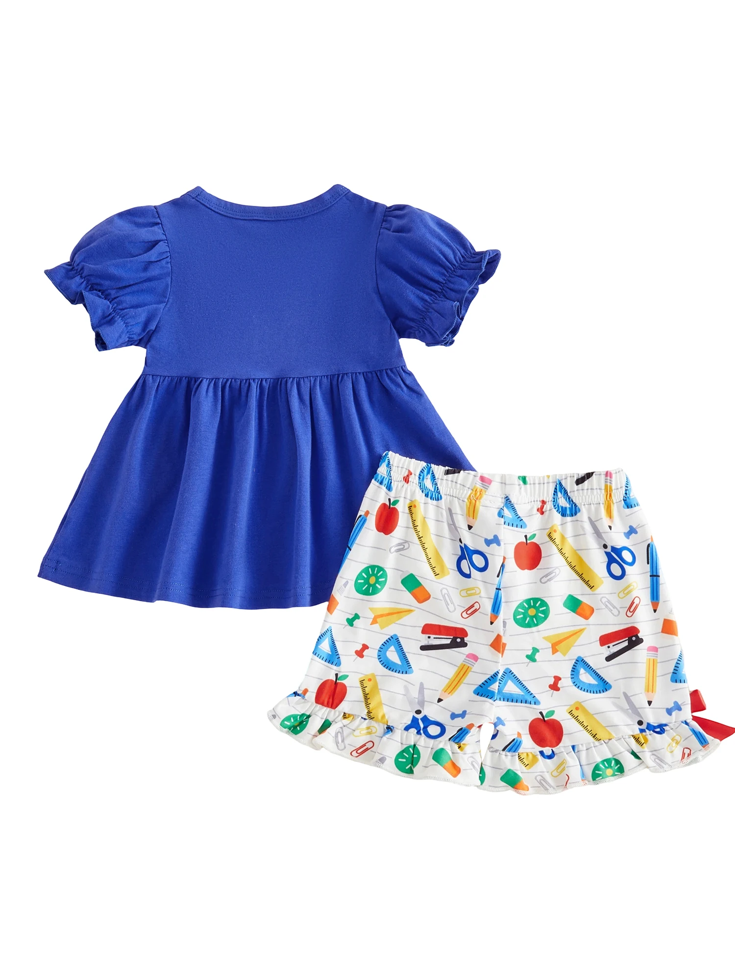 

Girls Back to School Outfit Floral Embroidered Short Sleeve Top with Bow Detail and Elastic Waist Shorts Set