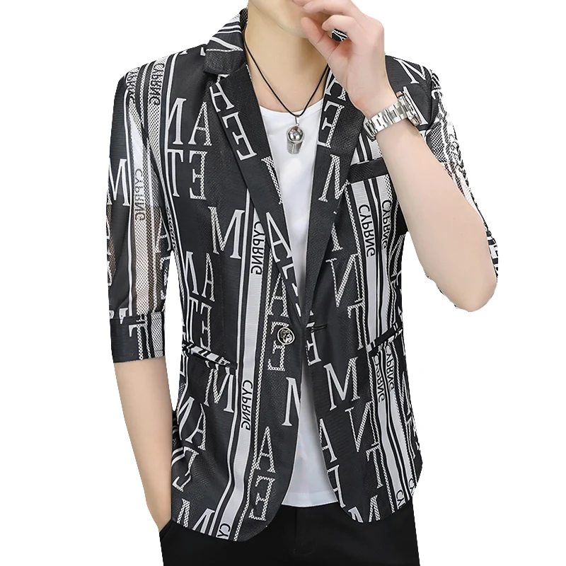 

Trendy Men's Slim Fit Suit Jacket Summer Fashion Openwork Breathable Business Casual 7-Sleeve Single-button Suit Blazer Men Top